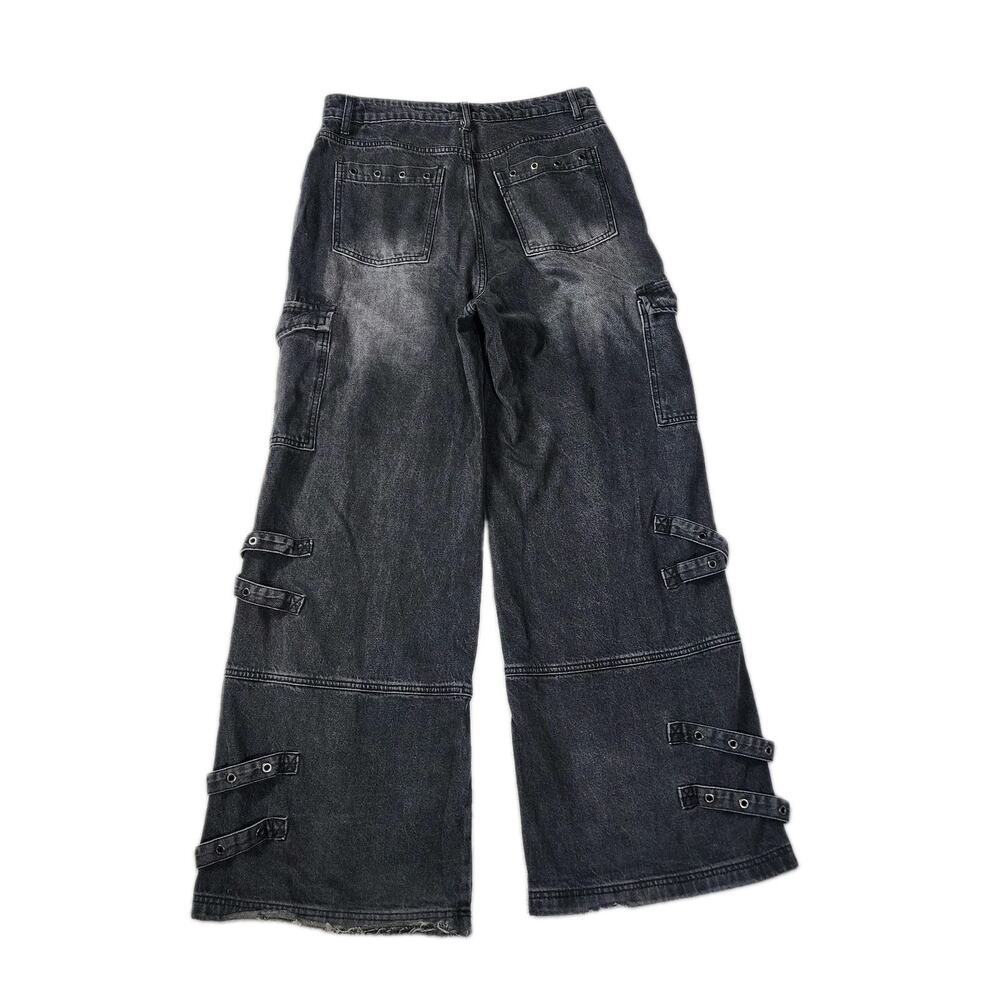 Hot Topic Black Wash Wide Leg Cargo Jeans Strappy Grommet Goth Y2K Size 13 - Picture 2 of 8